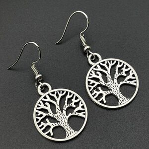 Silver Round Boho Style Intricate Tree of Life Dangling Drop Hook Earrings